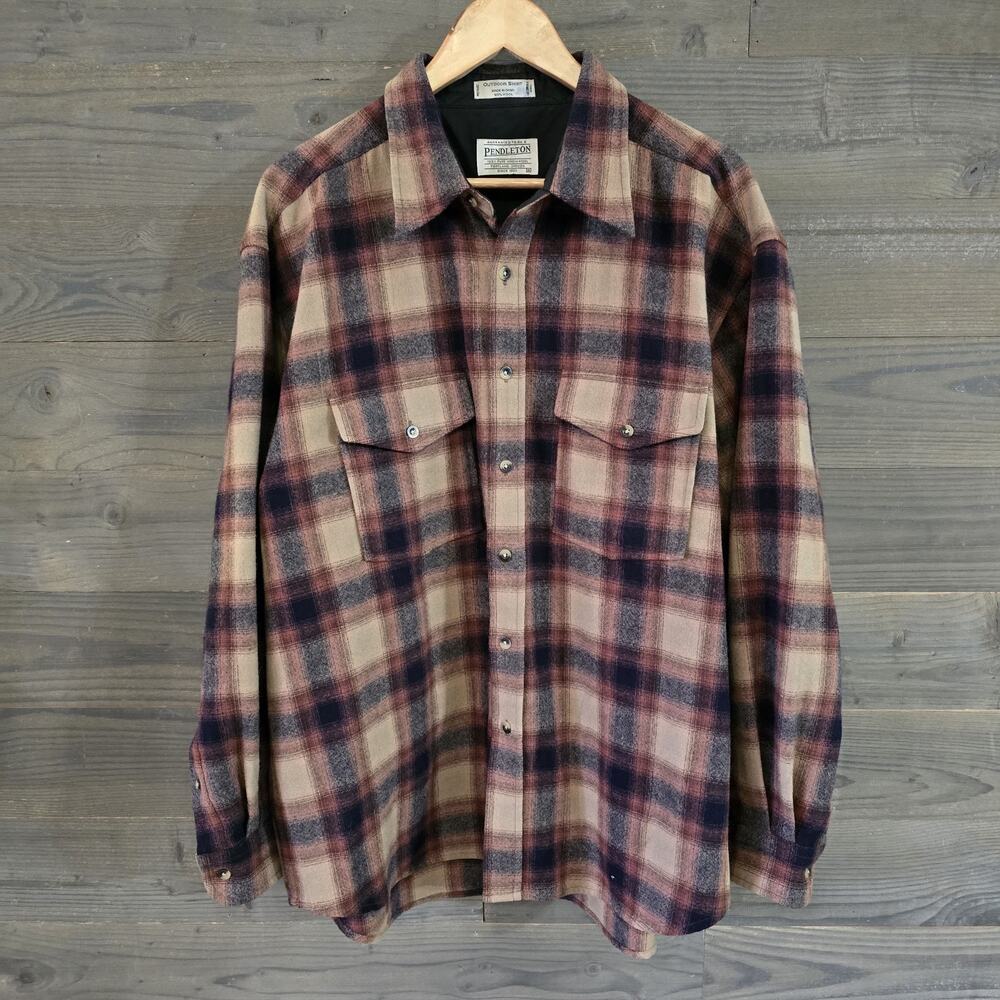 Pendleton Outdoor Shirt Men's XL 100% Wool Plaid Flannel Brown Burgundy